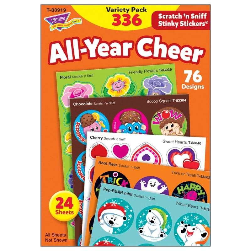 Trend Enterprises All Year Cheer Stinky Stickers Variety Pack, 70 Designs, 8 Scents, Pack of 336, 1 of 2