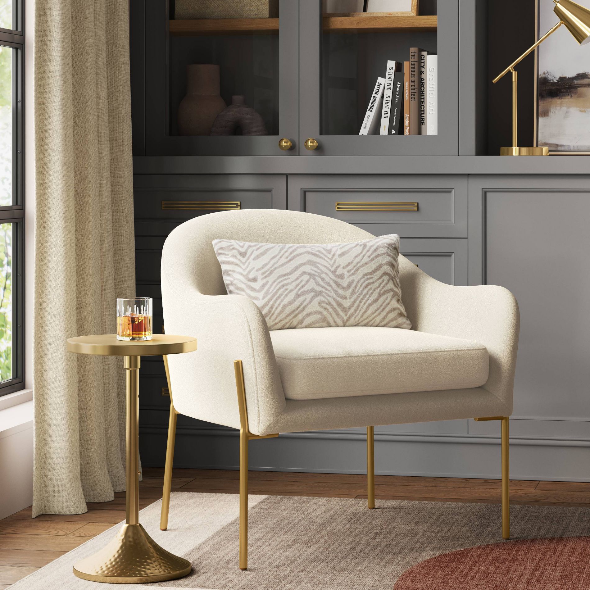 Gladden Barrel Accent Chair Cream Boucle/Brass - Threshold™: Gold-Tone Metal Legs, Curved Back, Upholstered Armchair