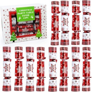 12 Pack 10" Christmas Table Gift, Red & White Snowflake Design with Party Hat, Joke, and Surprise Gift for Kids Holiday Parties - 1 of 4