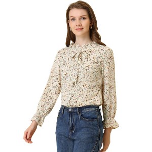 Allegra K Women's Vintage Floral Tie Neck Long Sleeve Ruffled Collar Peasant Blouse - 1 of 4