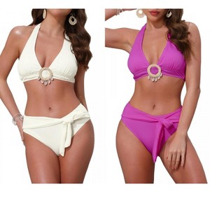 INSPIRE CHIC Women's O Ring Seashell Pendants Ribbed Halter Top Triangle Bottoms Swimwear Bathing Bikini Suits 2 Sets - 1 of 4