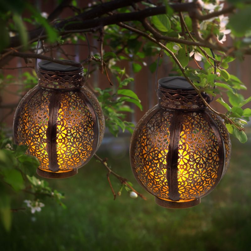 Set of 2 Solar Outdoor Lights - Hanging or Tabletop Rechargeable LED Lantern Set with 2 Shepherd Hooks for Outdoor Decor by Pure Garden (Bronze), 4 of 13
