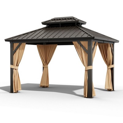 Acekool Hardtop Gazebo for Patio with Netting and Curtains, Metal Roof Canopy Aluminium Frame Permanent Pavilion