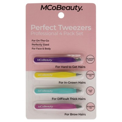Perfect Tweezers Set by MCoBeauty for Women - 4 Pc Slainted Point Tweezer, Pointed Tip Tweezer, Flat Tip Tweezer, Slanted Tip Tweezer