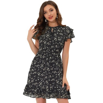 INSPIRE CHIC Women's Ruffle Sleeve Self-Tie V Neck Mini A-Line Floral Dress