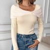 Women's French Style U-Neck Off-Shoulder Top, Twist Knot Long Sleeve Knit Shirt, Slim-Fit Blouse - 3 of 4