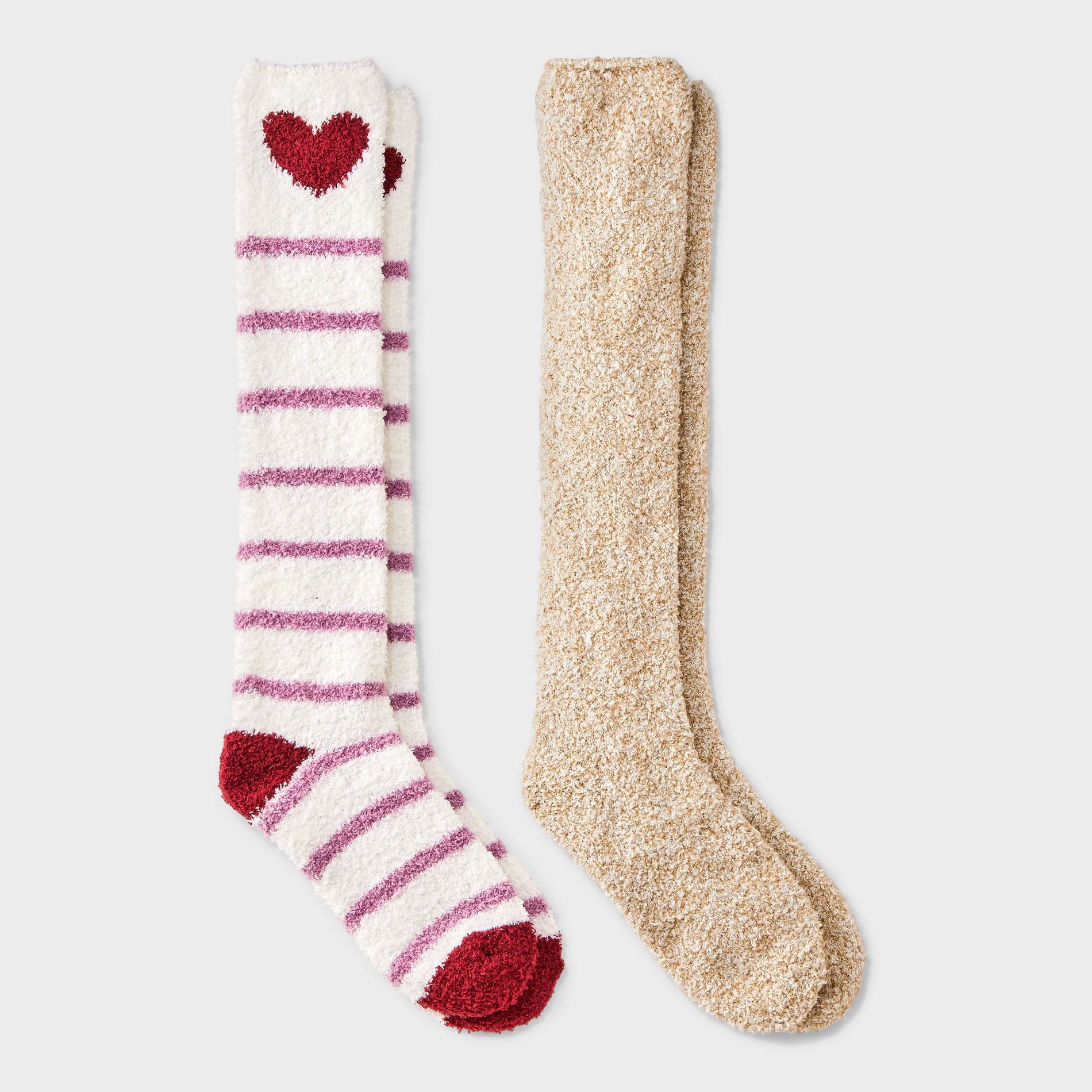 Women's Heart & Stripes 2pk Cozy Knee High Socks - Burgundy/Ivory/Tan 4-10