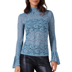 INSPIRE CHIC Women's Floral Lace Mesh Mock Neck Long Bell Sleeve Casual Dressy Blouse - 1 of 4