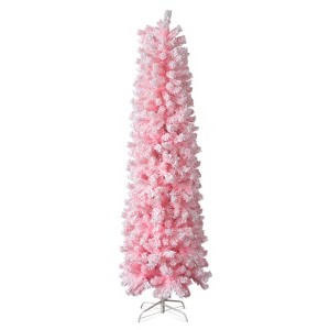 NAYSAYE 7.5FT Artificial Xmas Christmas Tree Snow Flocked Slim Pencil Tree 641 Branch Tips for Home Living Room Office, Pink, 25"*25"*90" - 1 of 4