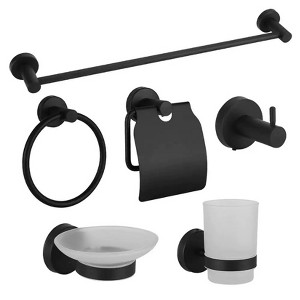 6 Piece Bathroom Set: Towel Bar, Ring, Toilet Paper Holder, Robe Hook, Cup & Soap Dish in Stainless Steel. - 1 of 4