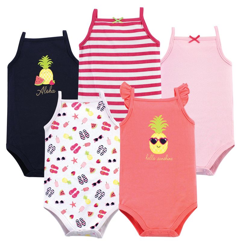 Hudson Baby Infant Girl Cotton Sleeveless Bodysuits 5pk, Hello Sunshine, 1 of 8