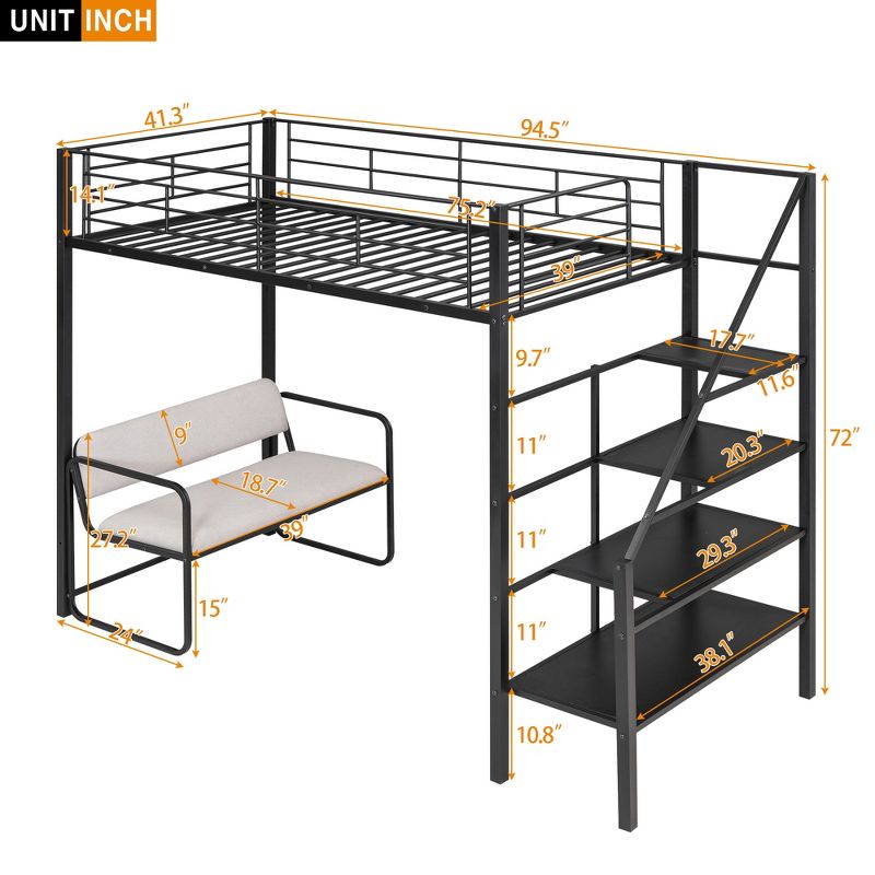 Twin Size Metal Loft Bed with Bench and Storage Staircase, Black-ModernLuxe, 4 of 12