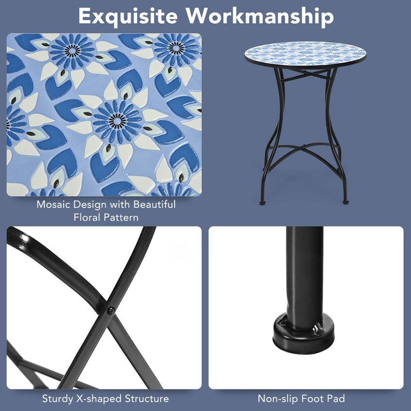 Costway 28.5'' Patio Round Mosaic Bistro Table Plant Stand Blue Flower Pattern, 4 of 7
