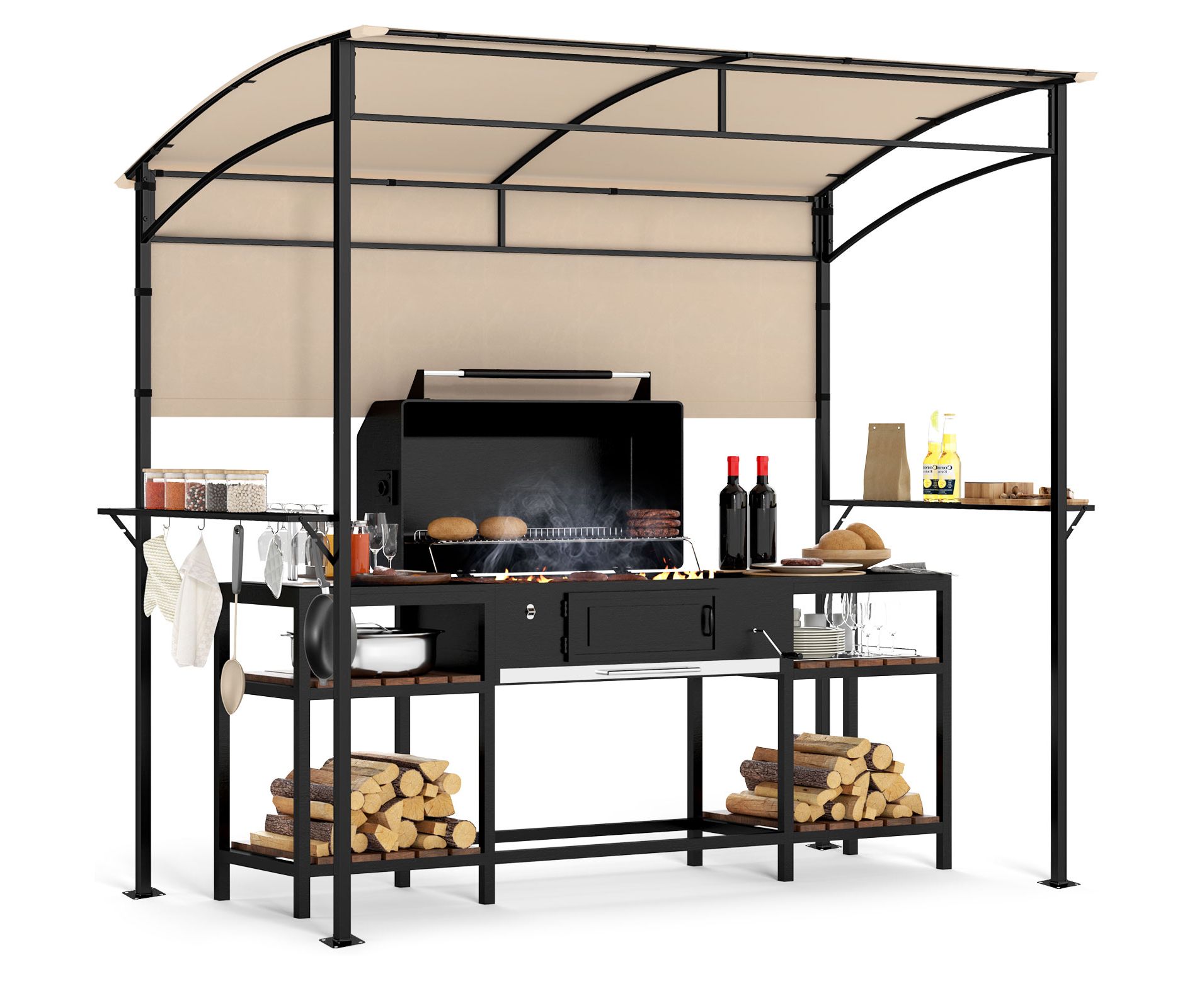Costway 7.8 x 4.4 FT Grill Gazebo Outdoor Patio BBQ Canopy w/ Metal Shelves for Backyard