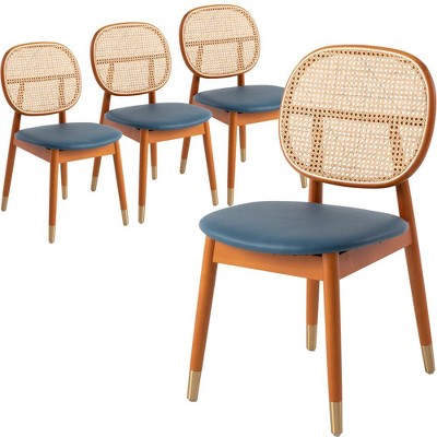 LeisureMod Holbeck Wicker Dining Chair with Upholstered Leather Seat and Beech Wood Legs, Set of 4