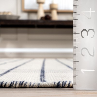 Ivory and Blue Striped Wool Fringe Area Rug 2' x 3'