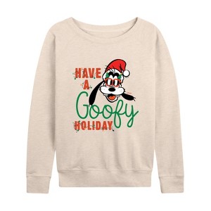 Women's - Disney - Have A Goofy Holiday Lightweight French Terry Wide Neck Long Sleeve Shirt - 1 of 4