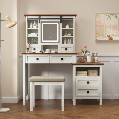46.5'' Makeup Vanity Desk with LED Lighted Mirror and Charging Station, Dressing Vanity Table with Side Cabinet and Cushioned Stool for Women
