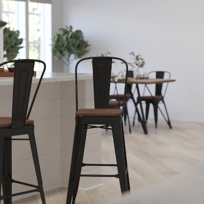 Industrial Black Metal Bar Stool with Wood Seat