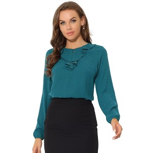 Allegra K Women's 1950s Vintage Ruffle Neck Long Sleeve Dots Chiffon Blouse - 1 of 4