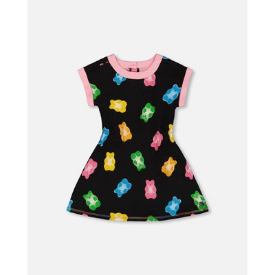 Deux par Deux Girl Printed French Terry Dress Black and Multicolored Gummies