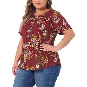 Agnes Orinda Women's Plus Size Floral Print Smocked Short Sleeve Retro Casual Blouses - 1 of 4