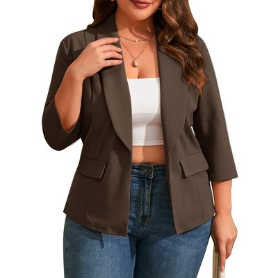MISSKY Womens Plus Size Casual Blazer Office 3/4 Sleeve Open Front Cardigans Jacket Work Suit with Pockets,Deep Brown,4XL
