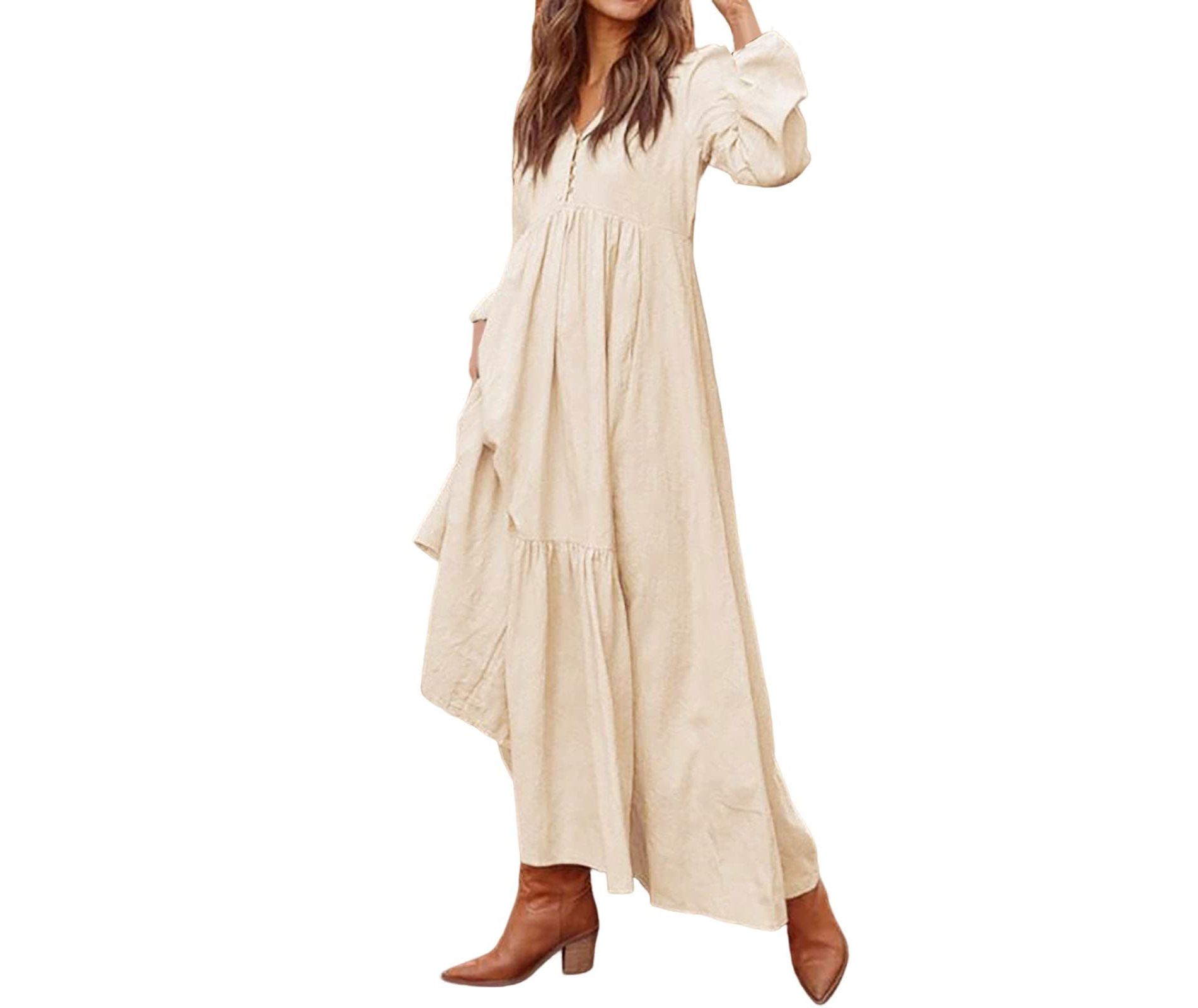 Clearlove Women's Cotton Linen Shirt Dress Long Sleeve Floral Print Button Down Maxi Dress with Pockets