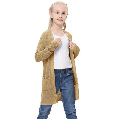 Girl's Open Front Cardigan Long Sleeve Knit Sweaters Kids Lightweight Cute Casual Loose Outerwear Coats with Pockets