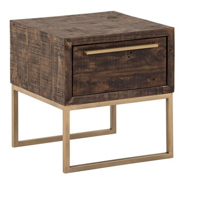 Transitional Smokey Taupe Square Side Table with Gold Metal Accents