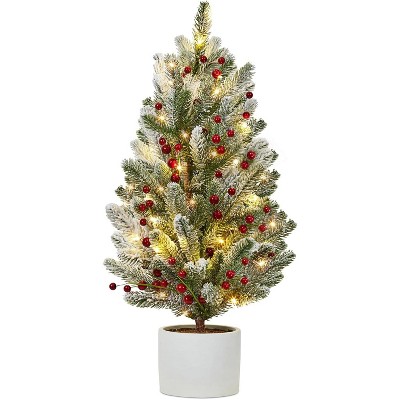 GAOMON 24 Inch Pre-lit Table Top Christmas Tree with Lights, Artificial Small Green Christmas Tree with Cement Basin Base