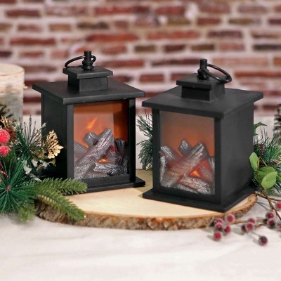 Tokyo Black Plastic LED Vintage Lantern Set with Fireplace Scene