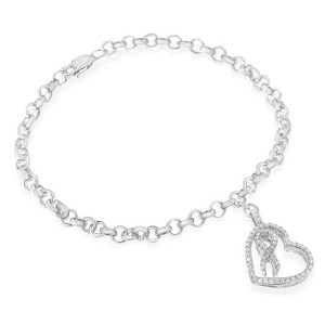 Haus of Brilliance Silver 1/4 Cttw Diamond-Accented Heart and Ribbon Charm Link Chain Bracelet - 1 of 4