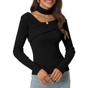 Seta T Women's V Neck Cross Off Shoulder Long Sleeve Ribbed Knit Slim Fit Sweaters - 1 of 4