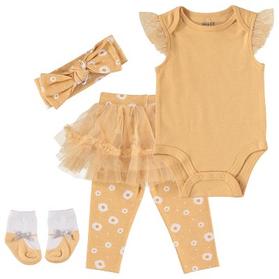 Chick Pea Baby Girls Clothes, Newborn Tutu Outfit for Baby Girl Matching set with Booties and Headband 4 Pc set Sunflower Yellow 0-3M