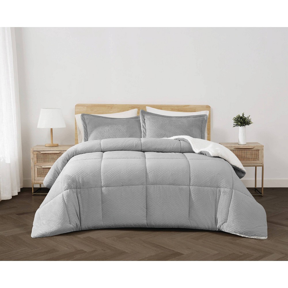 Photos - Duvet Cannon 3pc Full/Queen Carved Faux Fur Comforter Set Gray