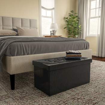 Hasting Home 30-Inch Storage Ottoman - Folding Faux Leather Footrest, Linen Chest, or Bench
