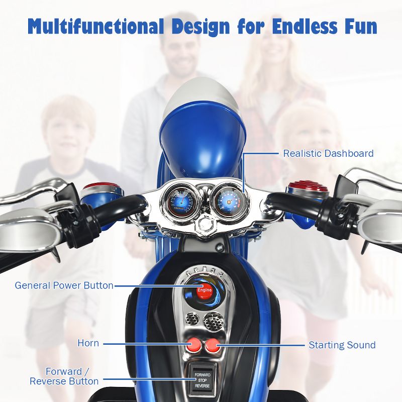 Costway 3 Wheel Kids Ride On Motorcycle 6V Battery Powered Electric Toy Blue/Pink/White/Red, 4 of 8