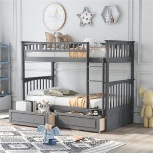 RISOKEYS Twin Over Twin Convertible Beds, Bunk Bed with 2 Storage Drawers and Ladder, Can be Devided into 2 Beds, No Spring Box Needed, Gray - 1 of 4