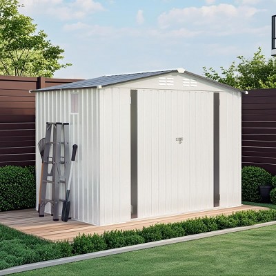 White 8x6 Durable Metal Outdoor Storage Shed with Lockable Door, Side Window and Pitched Roof for Garden or Backyard-Maison Boucle