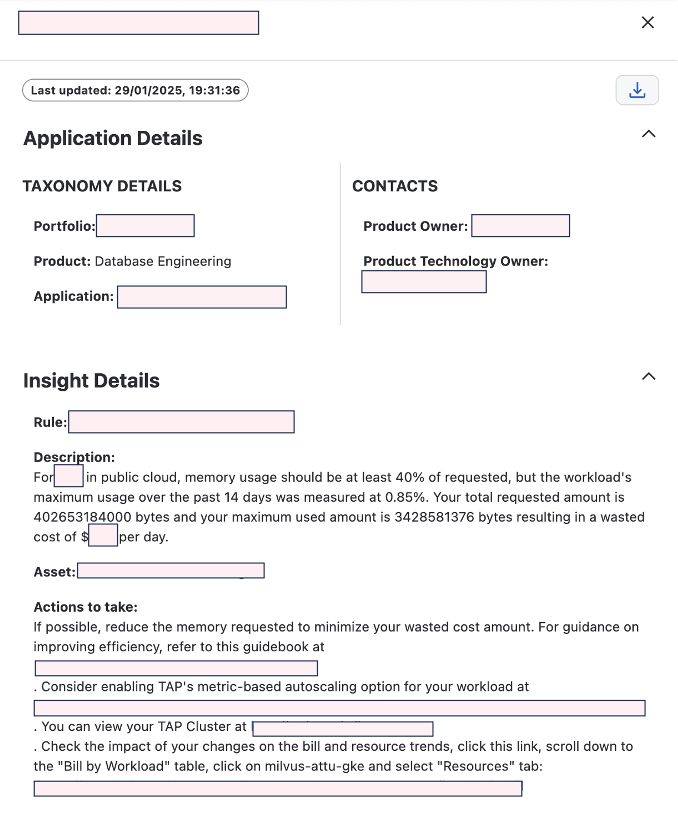 A screenshot of an infra showback page sharing insights and recommendations