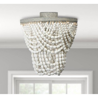 White 2-Tier Draped Wood Bead Semi-Flush Mount Ceiling Light