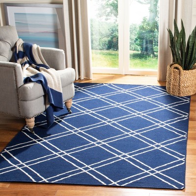 Navy and Ivory Geometric Wool Flat Woven Area Rug, 8' x 10'