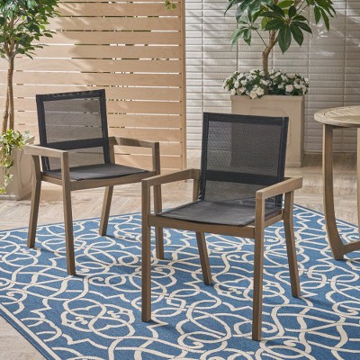2pcs Outdoor Dining Chairs, Mesh Fabric Seats With Acacia Wood Frame, Patio Mesh Bistro Chair With Wood Arm