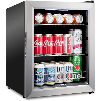 Ivation 62 Can Beverage Refrigerator | Freestanding Ultra Cool Mini Drink Fridge | Beer, Cocktails, Soda, Juice Cooler for Home & Office | Reversible Glass Door & Adjustable Shelving - Stainless Steel