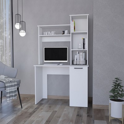 Vynxaria White 3-Tier Storage Shelves Computer Desk with Hutch