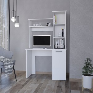 Vynxaria White 3-Tier Storage Shelves Computer Desk with Hutch - 1 of 4