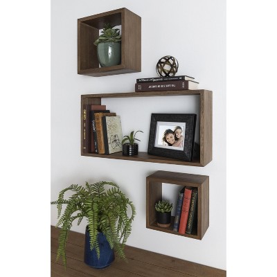 Rustic Brown Wood Floating Wall Shelf Set, 3 Piece