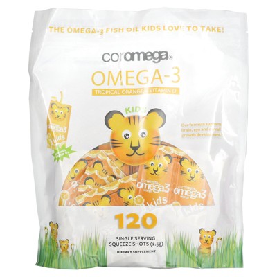 Coromega Kids, Omega-3, Tropical Orange + Vitamin D, 120 Single Serving Squeeze Shots, 2.5 g Each
