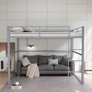 Metal Loft Bed Full Size, Loft Bed Frame with Safety Guard Rails & Flat Ladder, Twin Loft Bed for Kids Teens Adults - 1 of 4